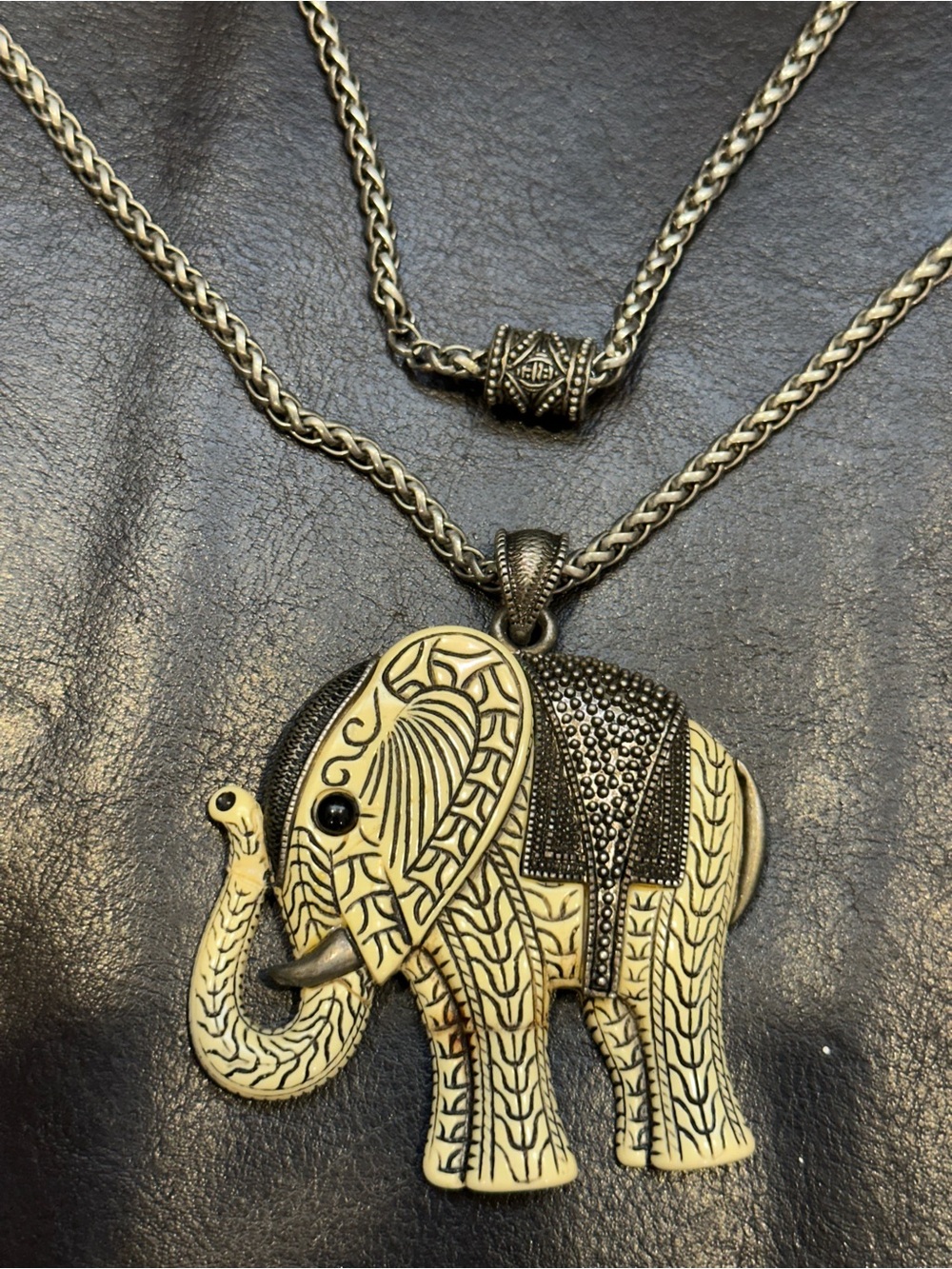 Intricate Vintage Elephant Pendant Necklace - Two-Tone Silver & Ivory Acrylic